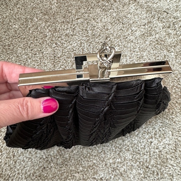 Black Satin Evening Bag Silver Hardware Chain Strap Wristlet Shoulder Purse - Picture 3 of 12